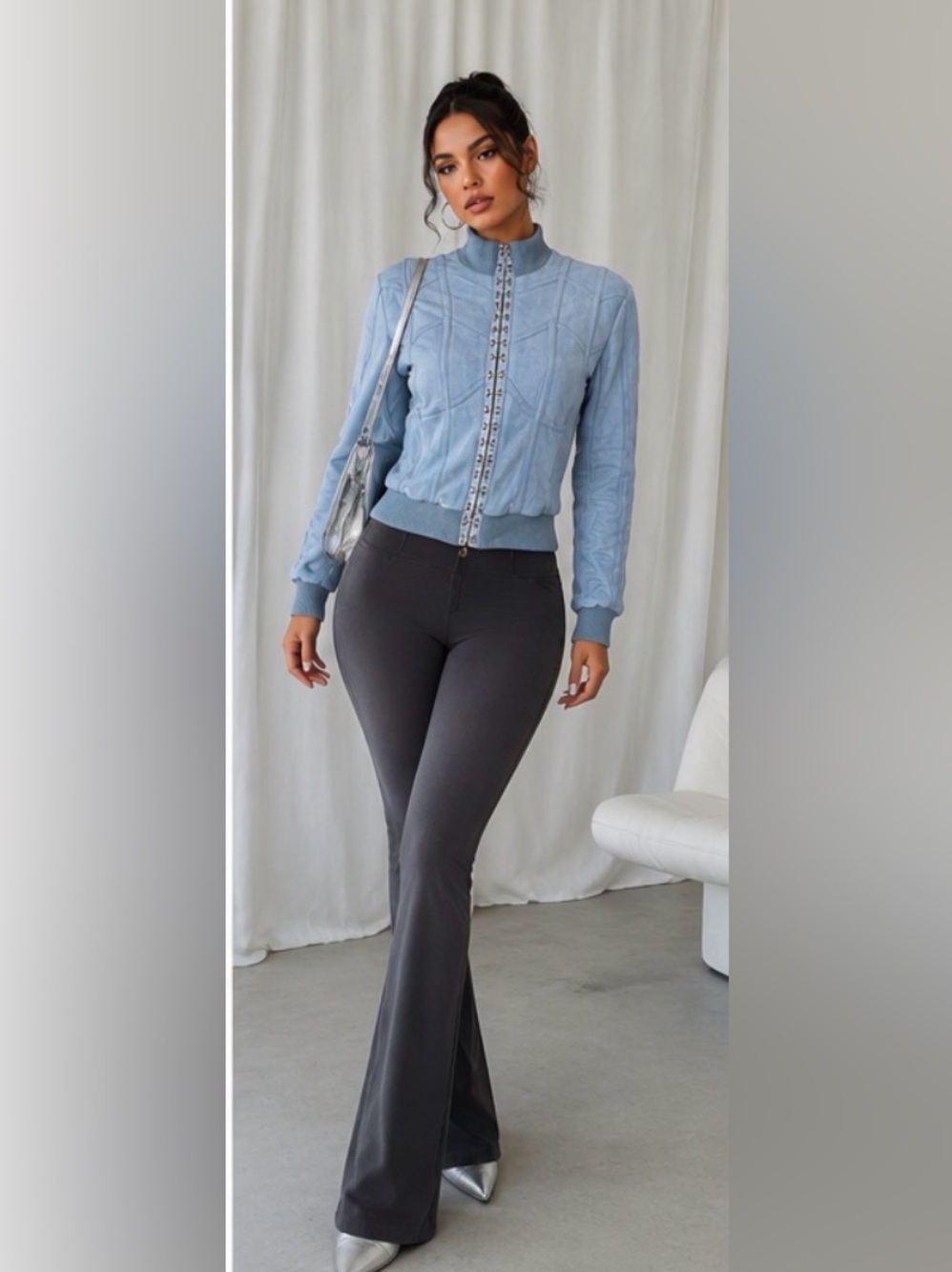 House of CB Rafal Powder Blue Faux Suede Corset Bomber Cropped Y2K S - Picture 3 of 16